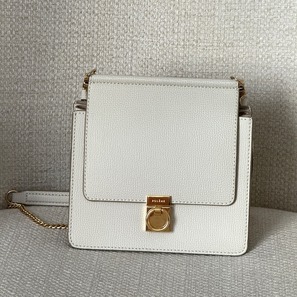 Polene Numero Sept Mini Top Handle Bag in Textured Craie with Gold Hardware